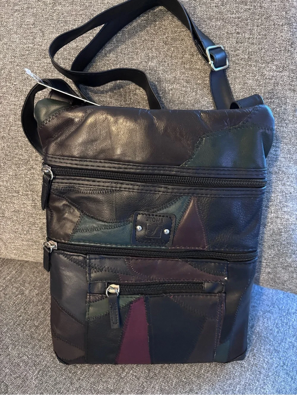 Stone Mountain black, soft leather plum burgundy mult-color patch Crossbody Bag